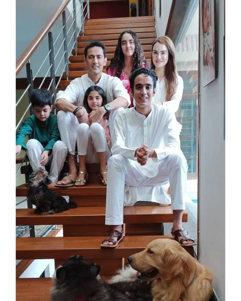 A family photo of Nadia Hussain with her husband, daughters and sons