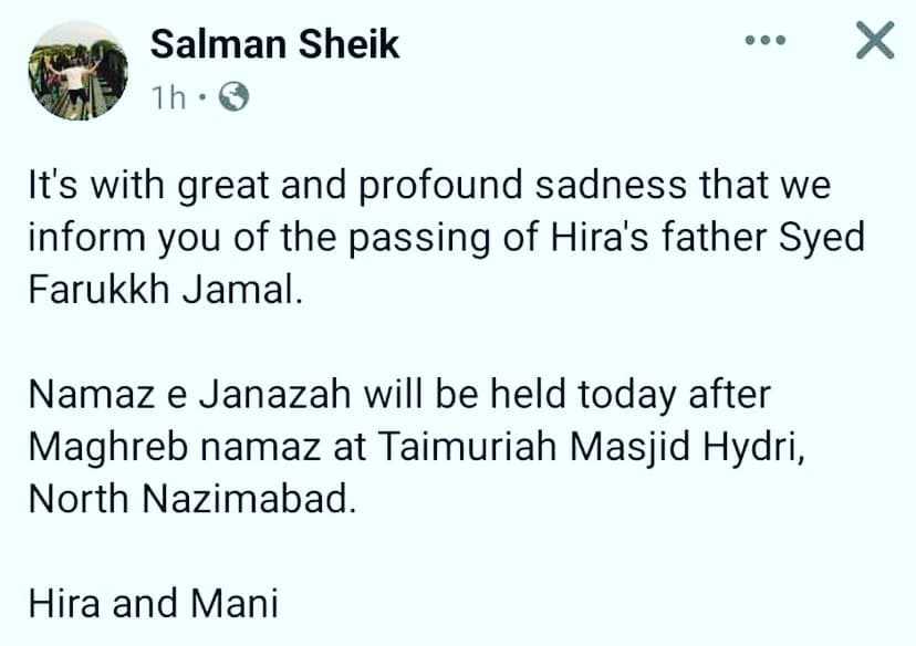 Hira Mani’s Father Passes Away