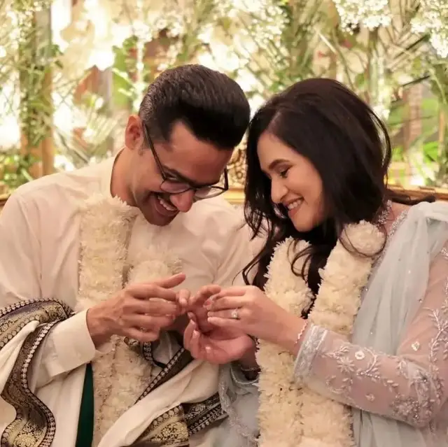 A photo of Azeemah and Ali Gul Pir when they exchanged their engagement rings during the ceremony.