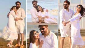 Nida and Yasir Embrace on Beach Celebrating Their Wedding Anniversary