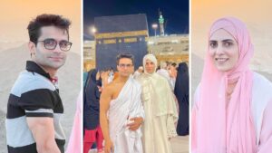 Shahzeb Khanzada and Rushna Khan in the front of Kabah