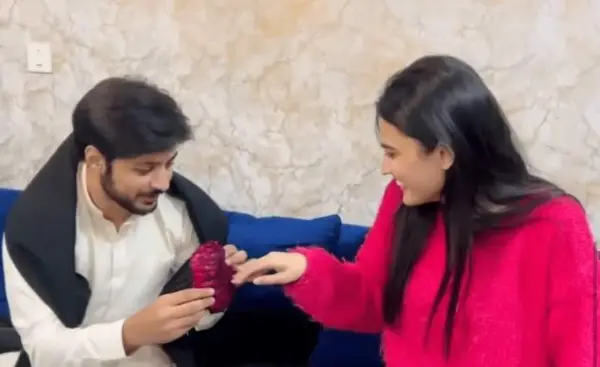 An illustration showing Areeb Parvaiz and Iqra Kanwal exchanging engagement rings