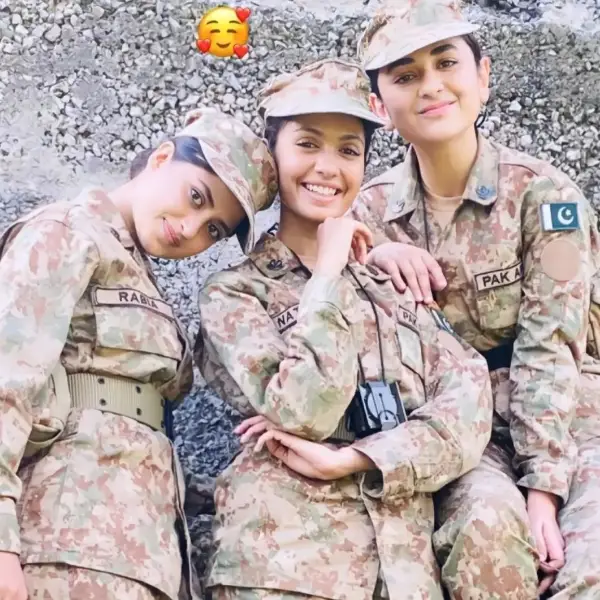 A picture of Sajal Aly dressed as an army officer from the set of Sinf e Aahan