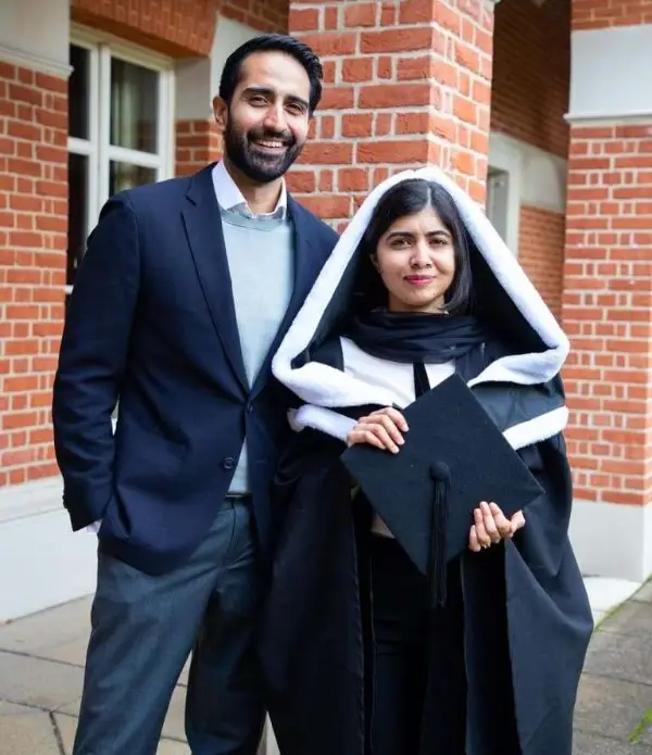 Malala with her husband after earning a PPE degree at Oxford
