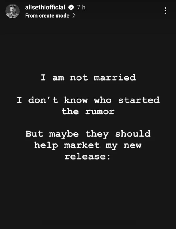 Screenshot of Ali Sethi's Instagram post denying the rumors of his marriage